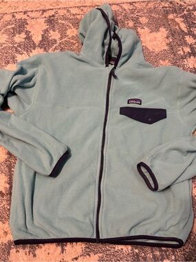 Patagonia Kids XL 14 Hooded Microfleece Jacket Aqua Blue Full Zip